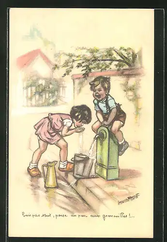 Künstler-AK sign. Bouret: Kinder trinken am Brunnen