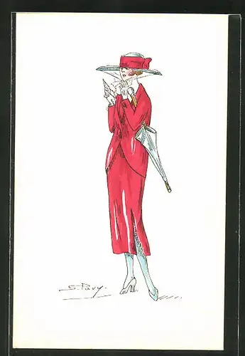 Künstler-AK sign. S. Pavy: Elegante Dame im roten Kleid