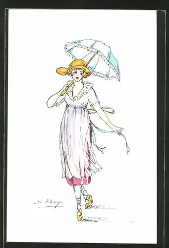 Künstler-AK sign. S. Pavy: Elegante Dame im Sommerkleid mit Schirm