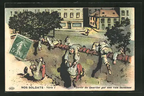 Künstler-AK "Nos Soldats", Französische Soldaten brechen aus der Kaserne aus