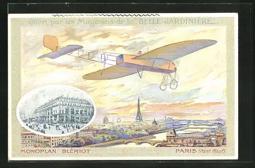AK Paris, Blériots Flugzeug über Pont Neuf