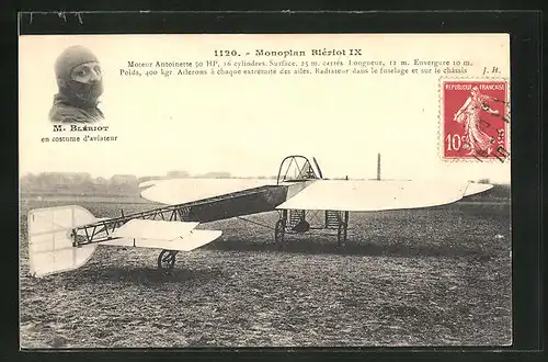 AK Flugzeug-Pionier M. Blériot auf Monoplan Blériot IX