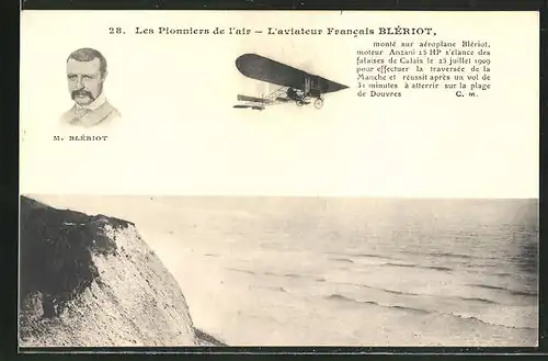 AK Flugzeug-Pionier M. Blériot in seiner Flugmaschine über einer Küste