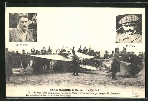 AK Paris-Madrid 1911, le Depart, Flugzeug-Pioniere M. Bonnier und M. Train vor dem Abflug