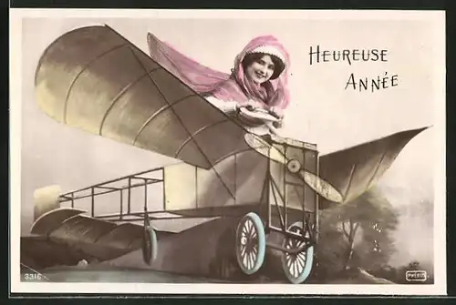 AK Heureuse Année, Frau in einem frühen Flugzeug