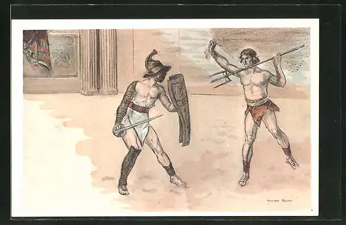 Künstler-AK sign. Richard Ranft: In der Arena, römische Gladiatoren beim Kampf