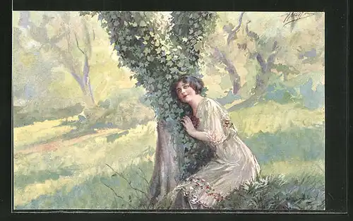 Künstler-AK G. Guerzoni: "Comme le lierre", Schwärmerische junge Frau an einem Baum