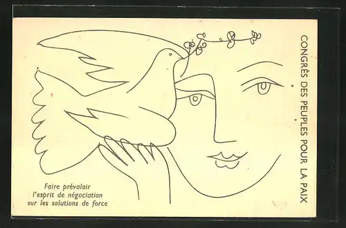 Künstler-AK sign. Picasso: Friedensbewegung, Congres des Peuples pour la Paix, Faire prevaloir l'esprit, Frau mit Taube