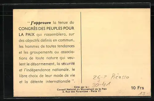 Künstler-AK sign. Picasso: Friedensbewegung, Congres des Peuples pour la Paix, Faire prevaloir l'esprit, Frau mit Taube