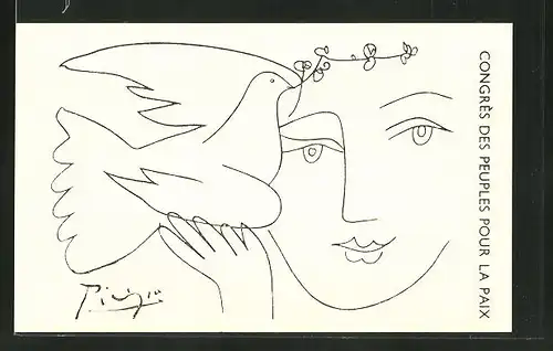 Künstler-AK sign. Picasso: Friedensbewegung, Cpngress des Peuples pour la Paix, Frauengesicht mit Friedenstaube