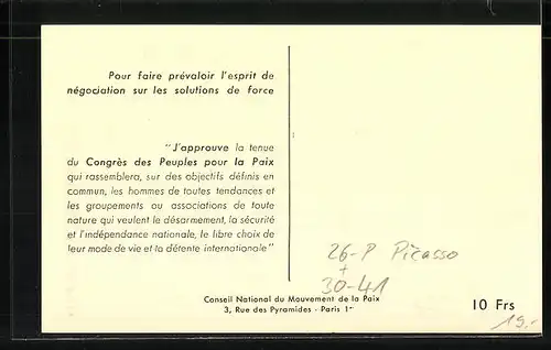 Künstler-AK sign. Picasso: Friedensbewegung, Cpngress des Peuples pour la Paix, Frauengesicht mit Friedenstaube