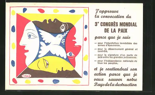 Künstler-AK sign. Picasso: 3. Congres Mondial de la Paix, Taube und Gesichter
