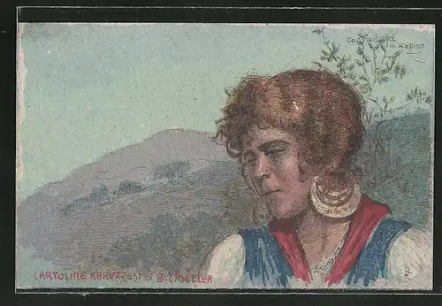 Künstler-AK sign. B. Cascella: Contache di Rapino, hübsche Frau im Gebirge