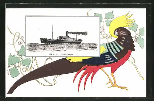 Künstler-AK Passagierschiff N.Y.K. S. S. "Suwa Maru" und bunter Papagei mit Blumenornamenten