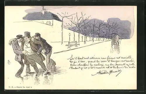 Künstler-AK sign. Steinlen: Dans la rue, Diebe bestehlen eine betrunkenen Mann auf der Strasse