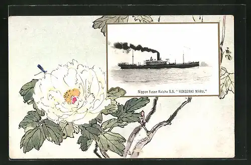 Künstler-AK Passagierschiff "Hakozaki Maru" und weisse Blume mit Libelle