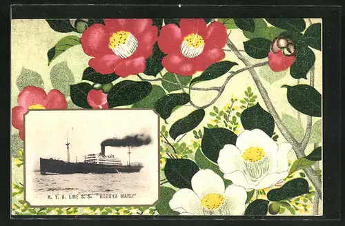 Künstler-AK Passagierschiff "Haruna Maru", weisse und rote Blumen