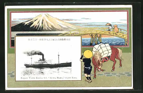 Künstler-AK Passagierschiff "Suwa Maru", Japaner mit Pferd und Ortsblick