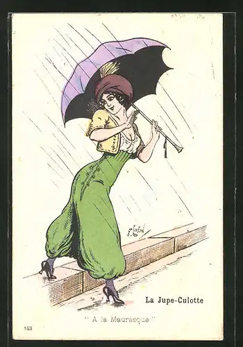 Künstler-AK sign. Lafon: Frau in grüner Hose mit Regenschirm und Hut spaziert durch den Regen