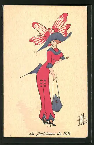 Künstler-AK sign. Bill: La Parisienne de 1911, Frau in rotem Kleid mit Schleifenhut und Handtasche