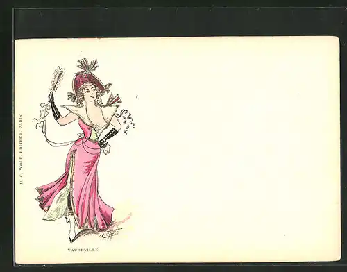 Künstler-AK sign. Ch. Caban: Paris, "Vaudeville", Frau im historischen Kostüm
