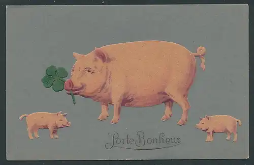 Filz-AK Schwein mit Ferkeln und Glücksklee aus Filz