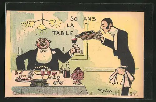 Künstler-AK sign. Moriss: "50 Ans - La Table", Reicher lässt es sich im Restaurant gutgehen