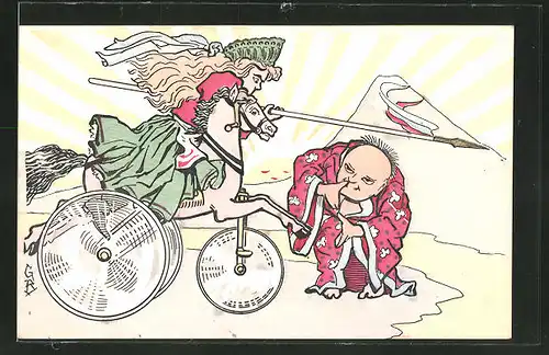 Künstler-AK Japaner duckt sich vor russischer Lanzenreiterin auf dem Dreirad, Russisch-Japanischer Krieg