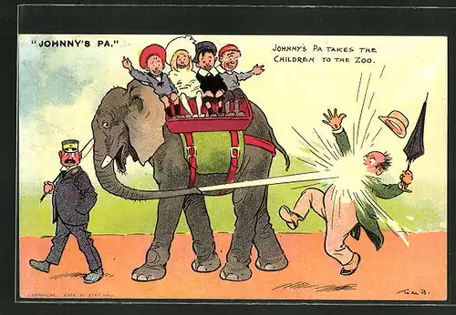 Künstler-AK Tom Browne: Johnny's Pa, Kinder reiten auf einem Elefanten der einen Mann nass spritzt