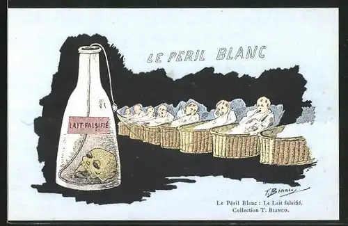 Künstler-AK sign. Bianco: Le Peril Blanc, Lait Falsifie, Babys trinken Milch