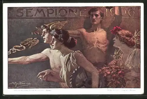 Künstler-AK sign. A. Beltrame: Sempione 1906, Ausstellung, Ganzsache