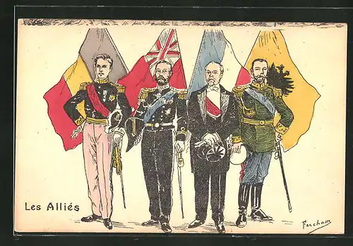 AK Propaganda Entente, Nikolaus II. mit Staatsoberhäuptern und Fahne