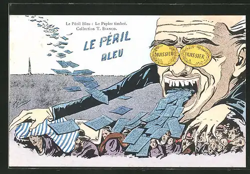 Künstler-AK sign. T. Bianco: Le Peril Bleu: Le Papier timbre, Mann spuckt blaues Papier, begräbt Menschen damit
