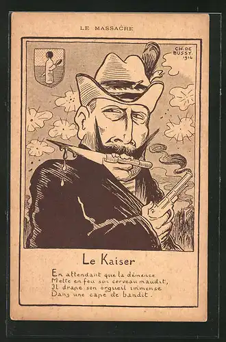 Künstler-AK sign. C. de Bussy: Le Massacre, Karikatur von Kaiser Wilhelm II.