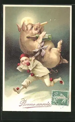 Präge-AK Harlekin mit Schwein auf dem Rücken, Neujahrsgruss