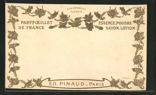Präge-AK A la Corbeille Fleurie, Parfumerie Oeillet de France, Essence Poudre Savon, Lotion, Ed. Pinaud, Paris