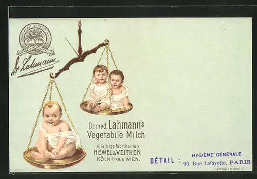 Lithographie Medikament "Dr. med. Lahmann's Vegetabile Milch", Babys auf einer Waage