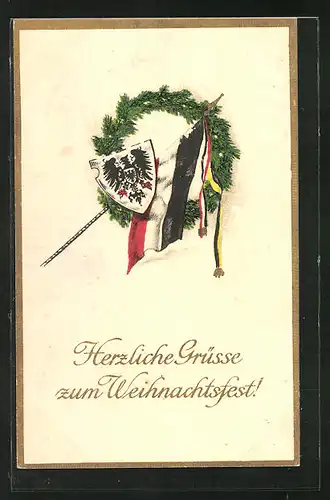 AK Kriegsweihnachten, Kranz mit Reichskriegsflagge und Wappen