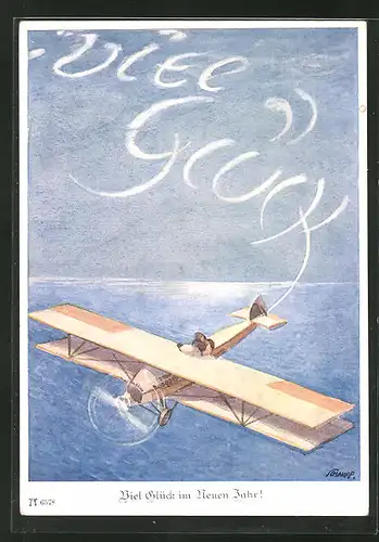 Künstler-AK sign. Schaupp: Flugzeug schreibt "Viel Glück" in die Luft