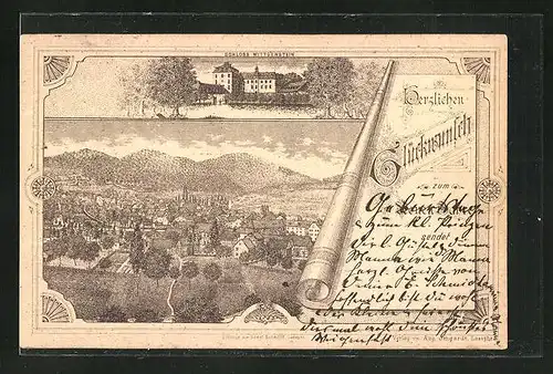 Vorläufer-Lithographie Bad Laasphe, 1895, Ansicht von Schloss Wittgenstein, Panoramablick auf den Ort