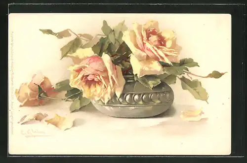 Künstler-AK Catharina Klein: Rosen hängen in einer Vase und verlieren Blütenblätter