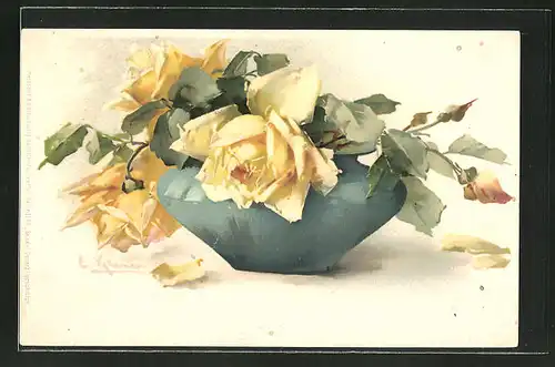Künstler-AK Catharina Klein: gelbe Blumen hängen in einer Vase