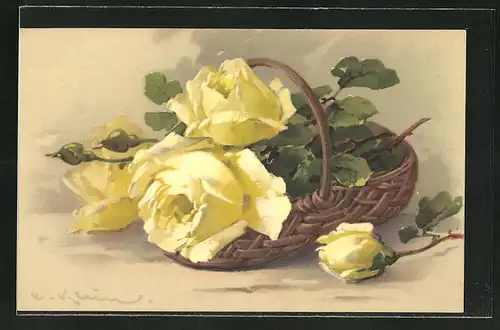 Künstler-AK Catharina Klein: gelbe Blumen liegen in einem Korb