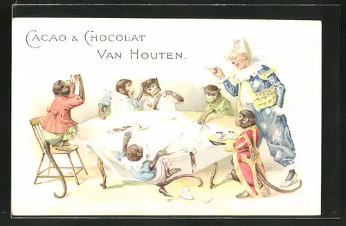 AK Reklame für Cacao & Chocolat Van Houten, Zirkus-Affen am Esstisch