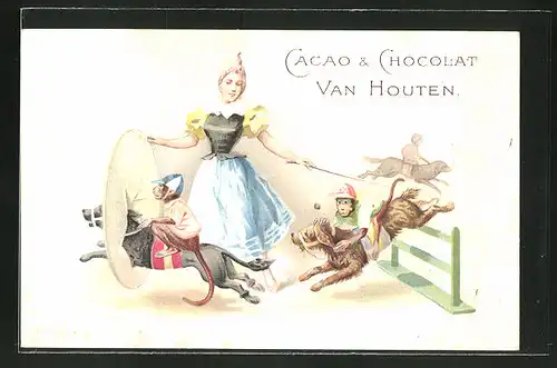 AK Reklame für Cacao & Chocolat Van Houten, Mädchen lässt Affen auf Hunde durch einen Ring springen, Zirkus