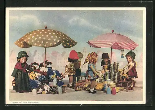 AK Käthe Kruse-Puppen auf dem Wochenmarkt