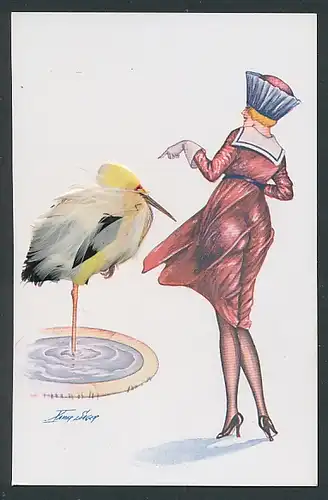 Echtfeder-Künstler-AK Xavier Sager: Elegante Dame und ein Schreitvogel aus Federn