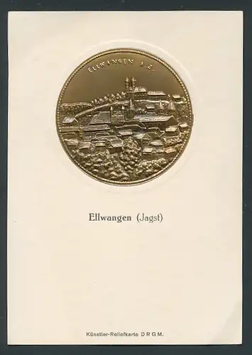 Metall-AK Ellwangen, Relief-Münze mit Teilansicht der Stadt