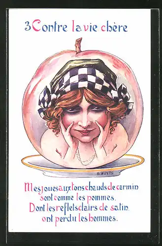 Künstler-AK A. Wuyts: 3 Contre la vie chére, junge Dame in einem Apfel