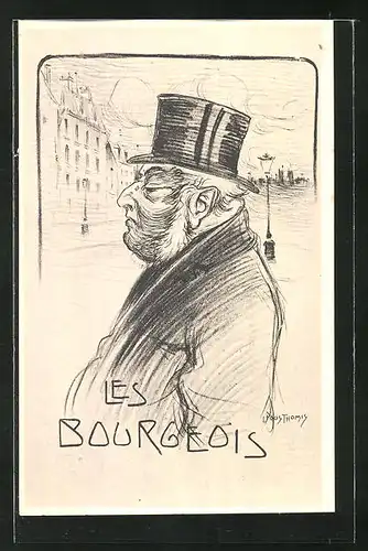 Künstler-AK Leon Pousthomis: Les Bourgeois, Mann mit Zylinder im Ort, Arbeiterbewegung